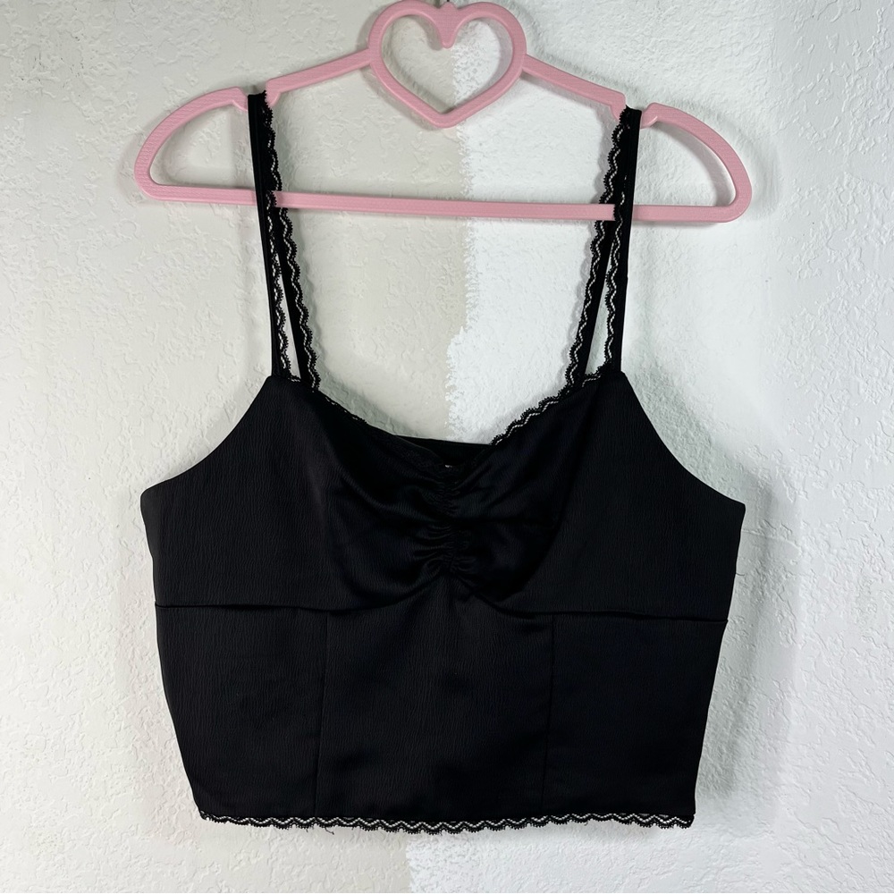 PacSun Black Satin Lace Crop Top, Size Medium